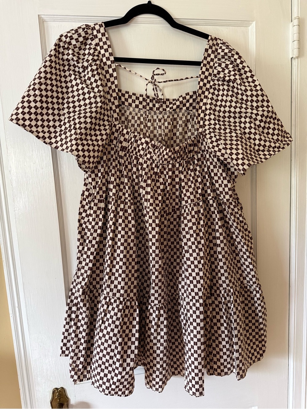 Square Neck Check Babydoll Mini Dress - Brown/White - Picture 7 of 7